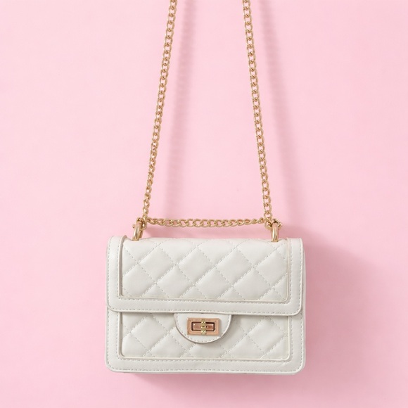 Quilted Crossbody Bag White with Gold Chain Strap - Picture 15 of 16